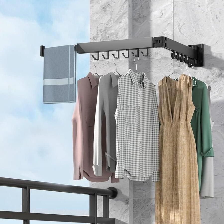 Kledingrek Wandgemonteerde kledingstandaard 90 cm inschuifbaar-inklapbaar wasrek met 12 haken en handdoekhouder Balkon Wasgoed Badkamer Slaapkamer