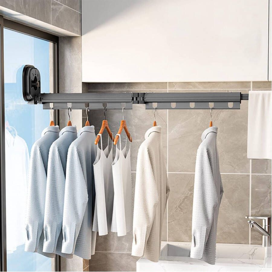 Wandgemonteerde kledingstandaard met zuignap aluminium wasrek inschuifbaar met 10 haken ruimtebesparend inklapbaar wasrek voor balkon wasruimte