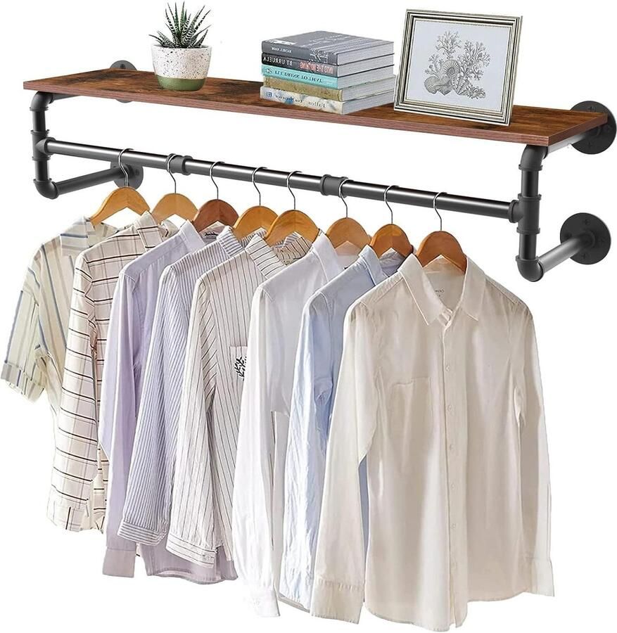 Wandgemonteerde kledingstang met plank industriële pijp kledingrek 998 cm kledingrek wandhanger voor kleding ruimtebesparende kleding opknoping staaf bar voor kastopslag zwart stijlvol design kledingrek