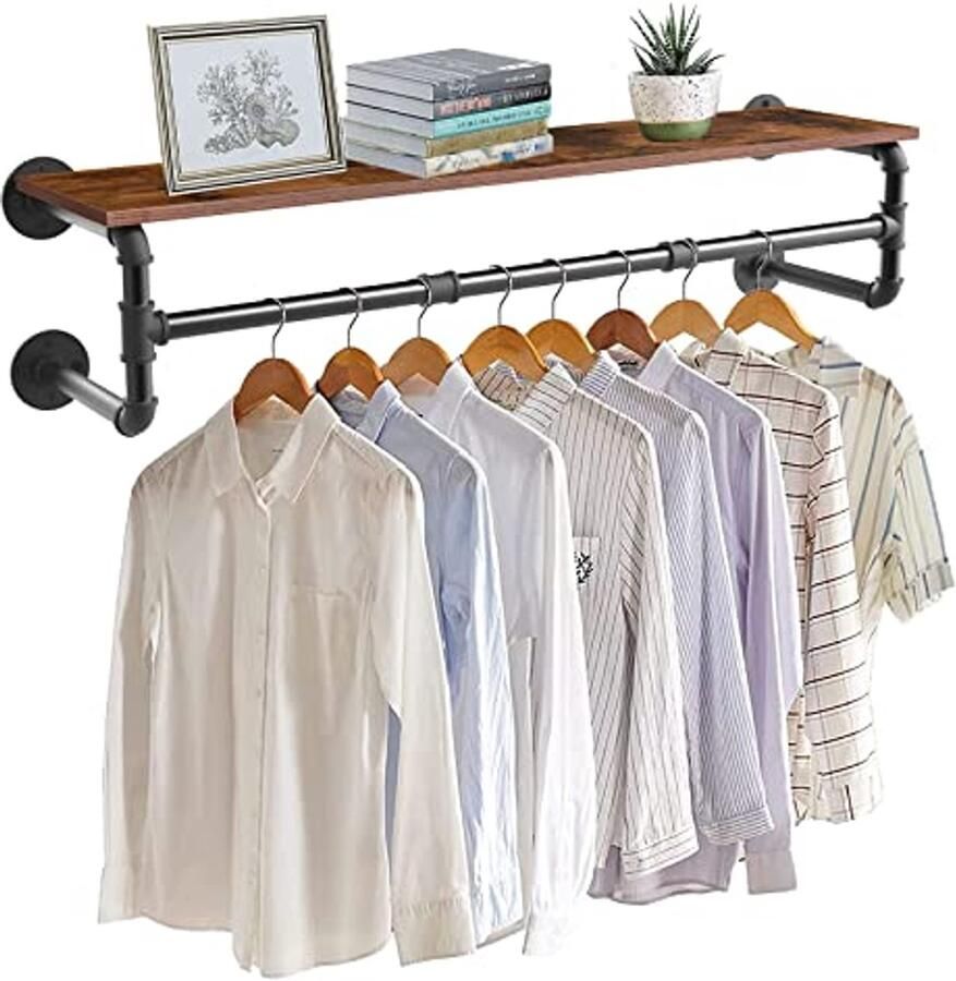 Wandgemonteerde Kledingstang met Plank Ruimtebesparend Kledingrek voor Huis