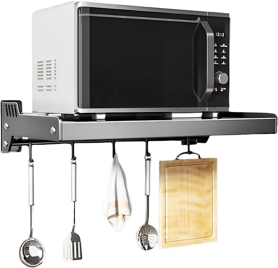 Wandgemonteerde magnetronplank kookplaatsteun roestvrijstalen pannenrekken met verschuifbare haken voor keukenopslagaccessoires opbergrek planken (grijze haak)