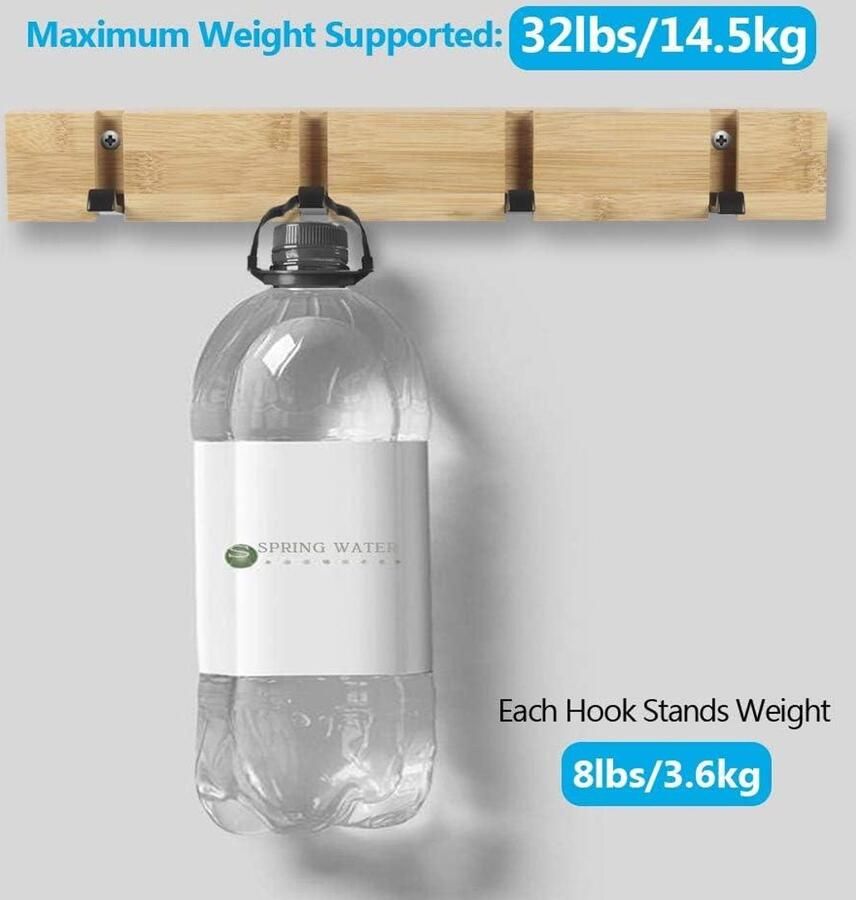 Wandgemonteerde Opvouwbare Bamboe Kapstok met 4 Intrekbare Metalen Haken voor Jassen Sjaals Handdoeken en Tassen Houtkleur