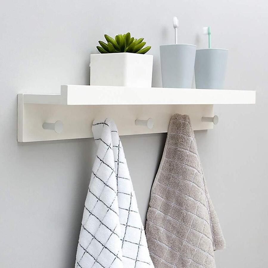 Wandgemonteerde plank en haak bamboe kapstok rek zwevende planken voor opslag hal badkamer woonkamer slaapkamer wit 611 x 12 x 8 cm Kapstok