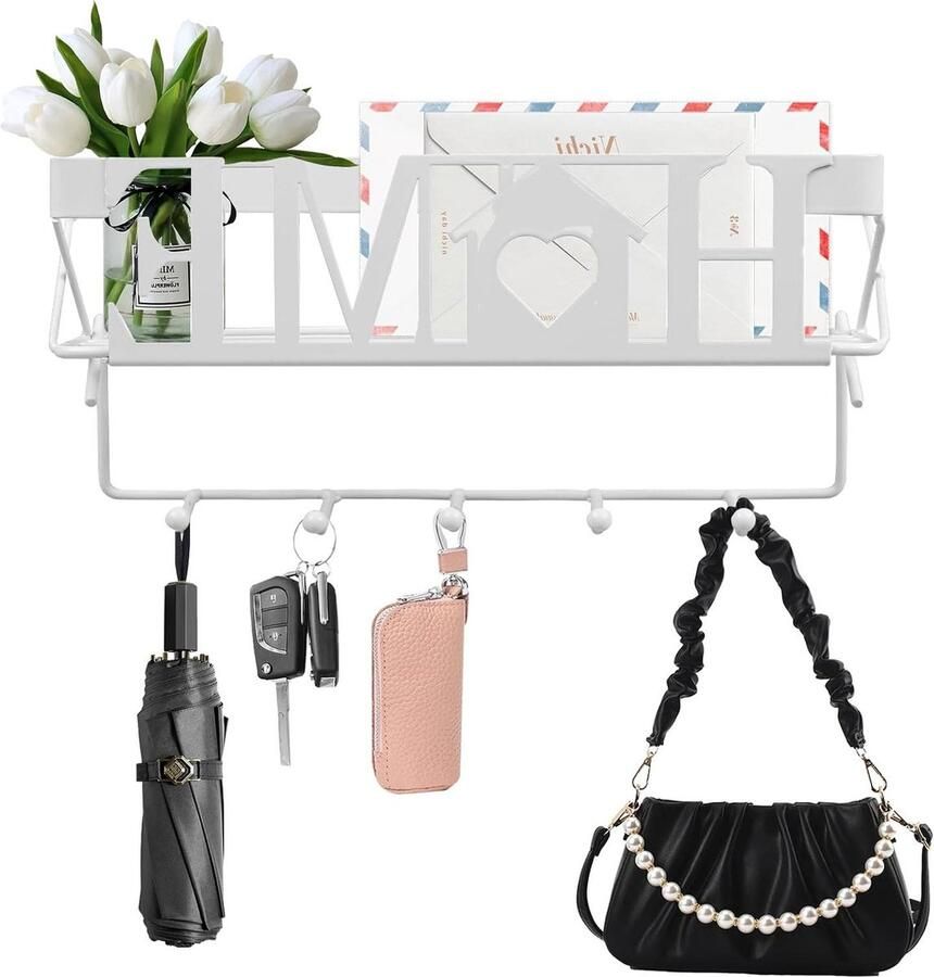Wandgemonteerde rekken voor opslag opbergrek hangende houder met 5 haken wit 28 x 125 x 7 cm opbergrekken sleutelhaken metalen sleutelhanger wandrek organizer woonkamer -content nodig