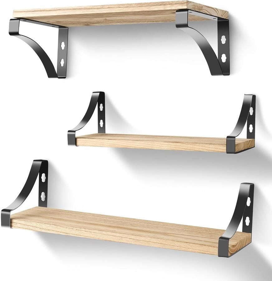 Wandgemonteerde scheidingswand wandplanken voor opslag 3 stuks rustiek hout en metaal