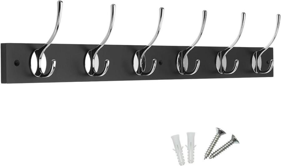 Wandgemonteerde Victoriaanse kapstokhaken van hout voor het ophangen van jassen hoeden kleding en sjaals (zwart chroom 6 haken)