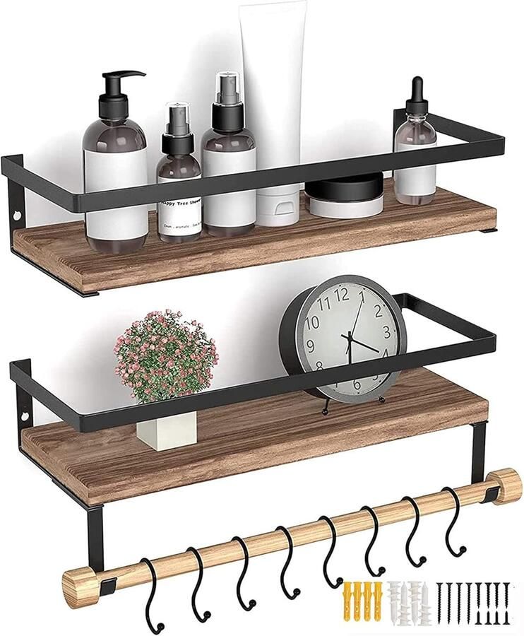 Wandgemonteerde wandplank decoratief en functioneel set van 2 hout