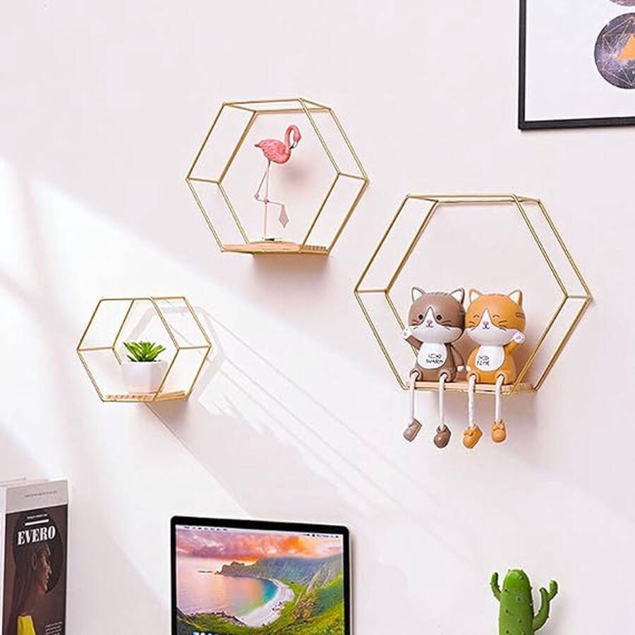 Wandgemonteerde zwevende planken 3 maten zwevende planken rustieke metalen draad opbergplanken displayrekken rustieke houten hangende plank voor woonkamer kantoor slaapkamer (goud)