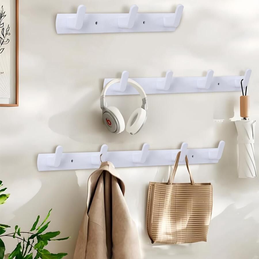 Bastix Wandhaakrek met 3 haken om op te hangen kapstokken muur robuust aluminium ruimtebesparend wandkapstok voor garderobe badkamer keuken (wit) - Foto 2