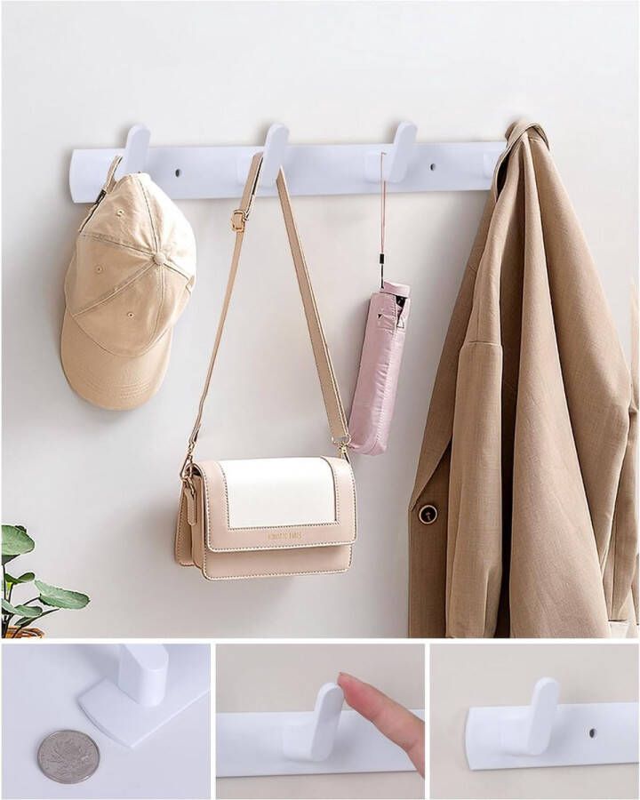 Wandhaakrek met 4 haken om op te hangen kledinghaken robuuste aluminiumlegering ruimtebesparende wandgarderobe voor garderobe badkamer keuken (wit)