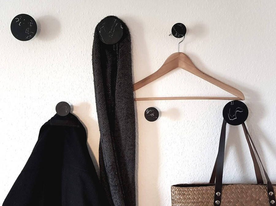 Wandhaken gemarmerd set van 6 3 kleine en 3 grote kledinghaken ronde decoratieve garderobehaken (zwart)