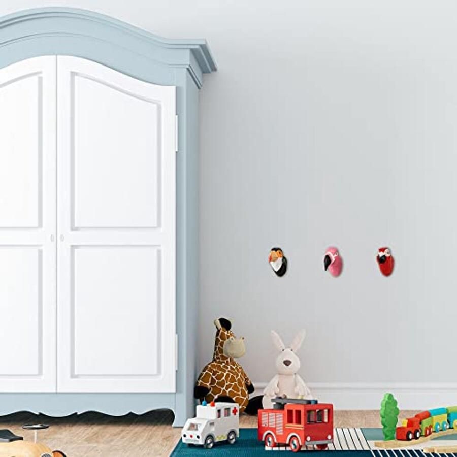 Wandhaken tropische vogels dierenkoppen houten kapstokhaken set van 3 flamingo toekan papegaai 9 x 9 cm