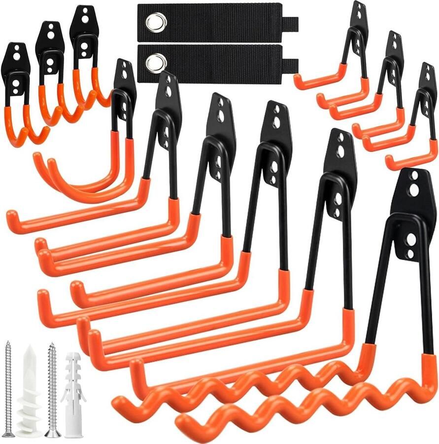 Wandhaken voor garage 12 stuks met kabelbinders en schroeven voor opberghaken organiseren gereedschap stoel slang fietsen sportuitrusting