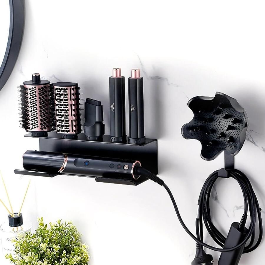 Wandhouder compatibel met 5-in-1 föhnhouder compatibel met badkamerorganizer voor opbergopzetstukken rek met koordhaak