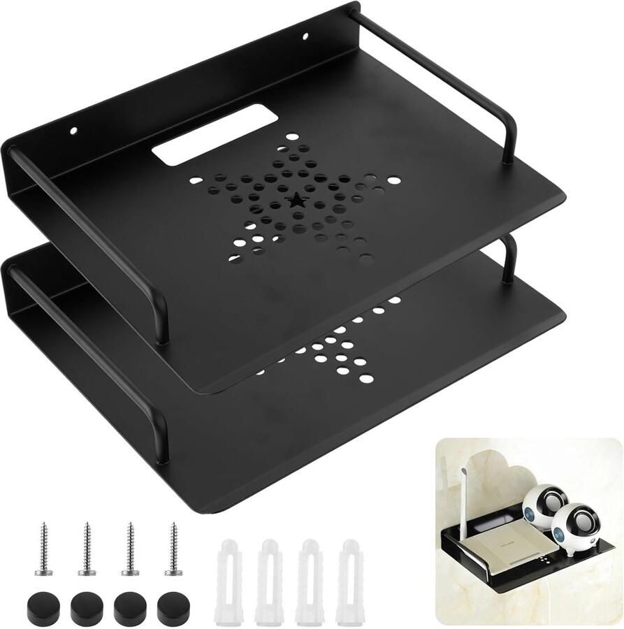 Wandhouder voor set-topbox en router 2 stuks zwart aluminium 26 x 21 cm