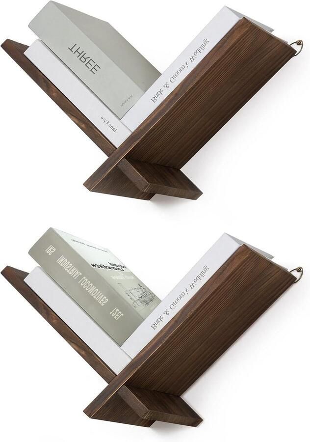 Wandhout zwevende boekenkast vintage klein V-vorm wandrek voor boek werkkamer slaapkamer woonkamer decoratie set van 2