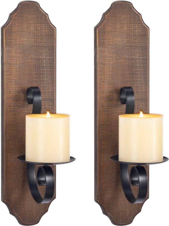 Wandkaarsenhouderset hout van metaal (set van 2) kaarsenhouder op rustiek hout wandlamp wanddecoratie