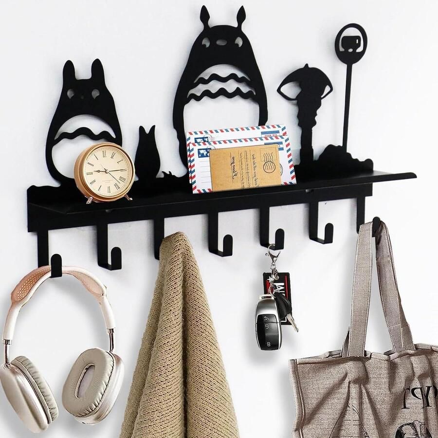 Wandkapstok 15 Inch met 7 haken Sleutelplank Japanse Tekenfilm Halloween Geschenken Kapstokken Wandmontage Deurhaak Voor Badkamer Slaapkamer Keuken Woonkamer Modderdroom (Zwart) kapstok hangend met plank