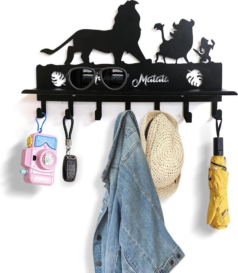 Wandkapstok 15 Inch met 7 haken Sleutelplank met Plank Leeuwenkoning Halloween Geschenken Kapstokken Wandmontage Deurhaak Voor Badkamer Slaapkamer Keuken Woonkamer Modderdroom (Zwart)