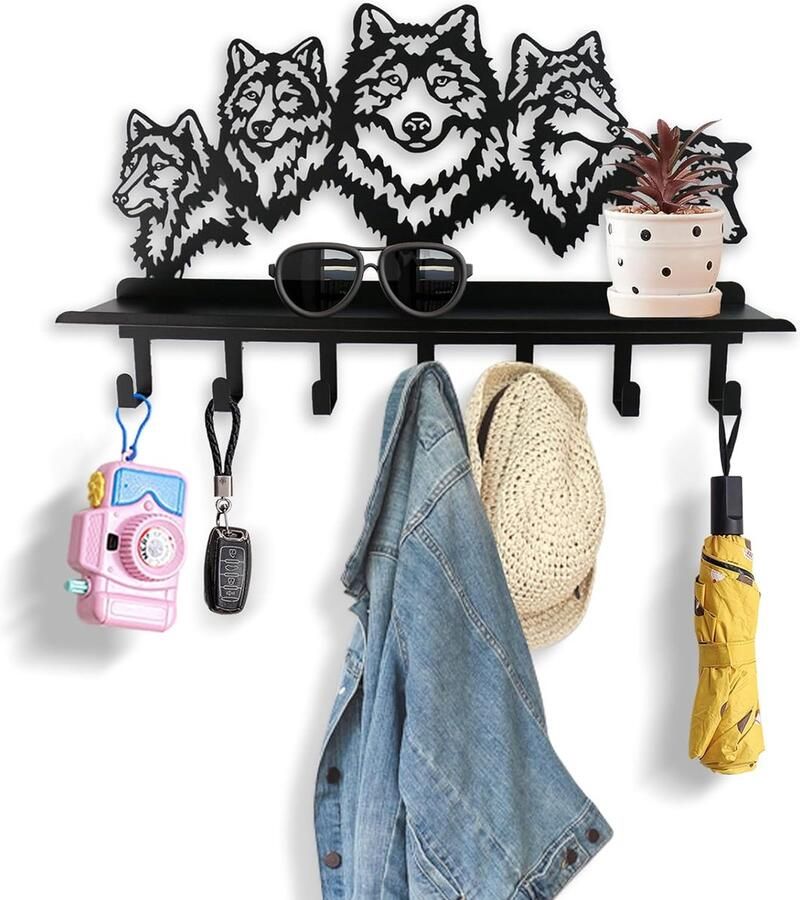 Wandkapstok 15 Inch met 7 haken Sleutelplank met Plank Wilde Wolf Halloween Geschenken Kapstokken Wandmontage Deurhaak Voor Badkamer Slaapkamer Keuken Woonkamer Modderdroom (Zwart)