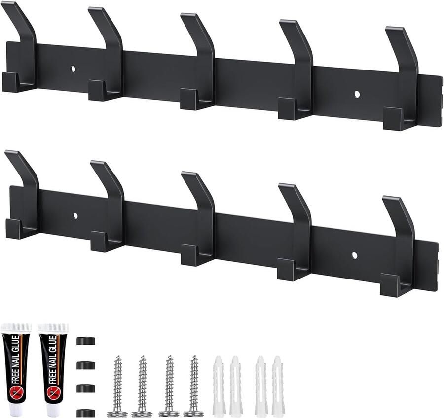 Wandkapstok 2 x met 5 Haken Aluminium Kapstok zonder Boren Kapstok voor Keuken Badkamer en Slaapkamer