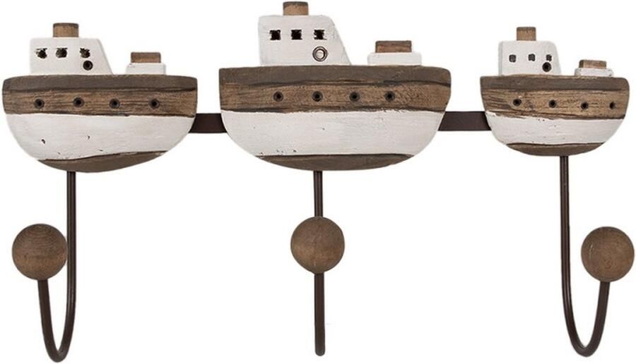 Wandkapstok 3 Haken Boot 38x10x20 cm Wit Bruin Hout IJzer