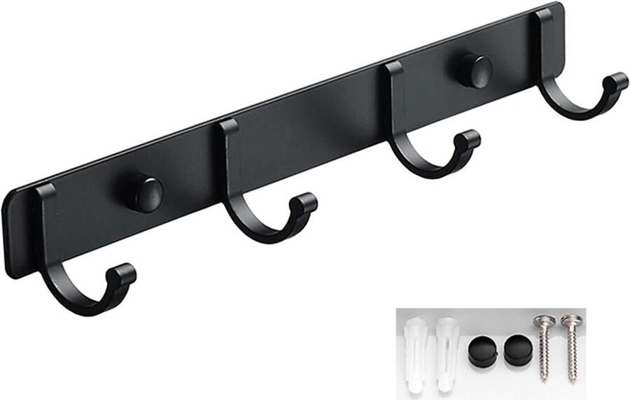 Wandkapstok 4 Haken Kledinghaak Aluminium Muur Kapstok Hangend Handdoekhaakjes Wandhaak Jashaak Kledinghanger Droogrek Muurbevestiging Ophanghaken Geschikt voor badkamers keukens gangen en slaapkamers 29cm Zwart