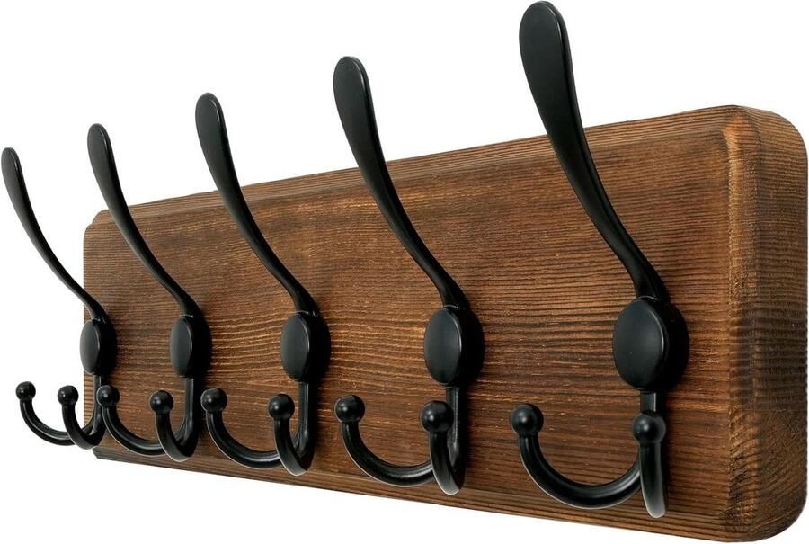 Wandkapstok 5 Drievoudige Haken van 44 cm Massief Hout voor Jassen Jas Bruin Badkamer