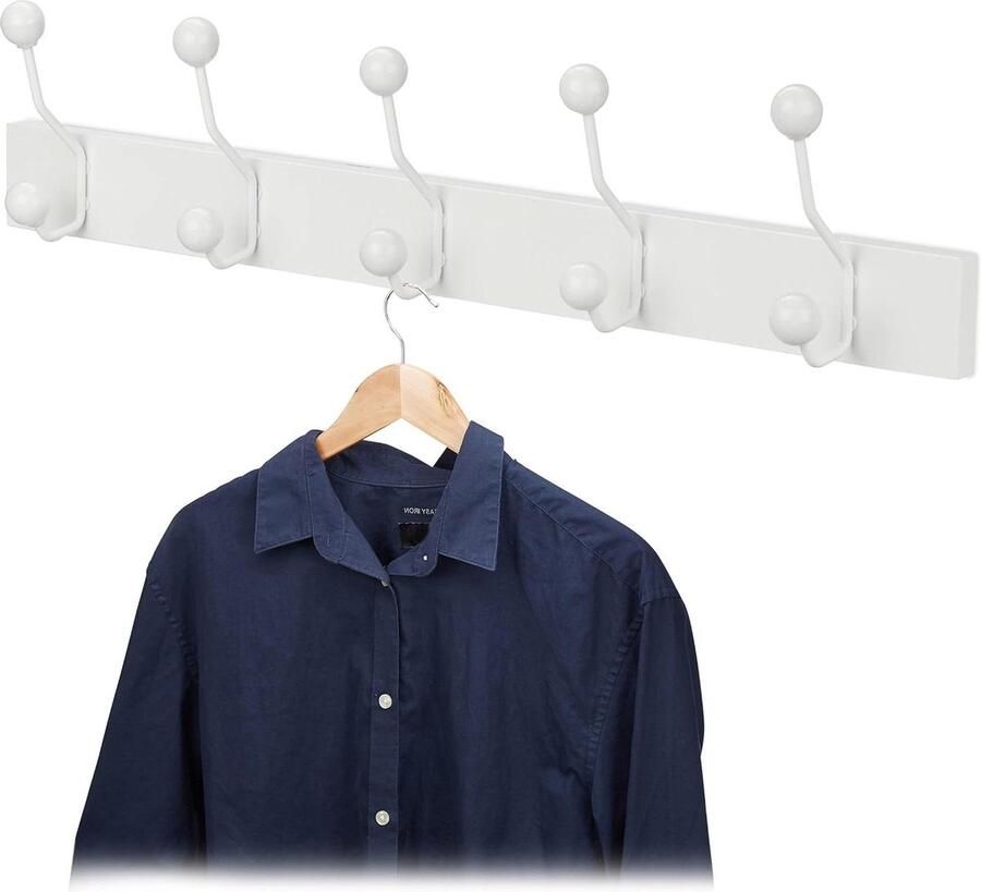 Wandkapstok 5 haken HBD 14x65x7 cm Dubbele kledinghaken Hal gang Wit