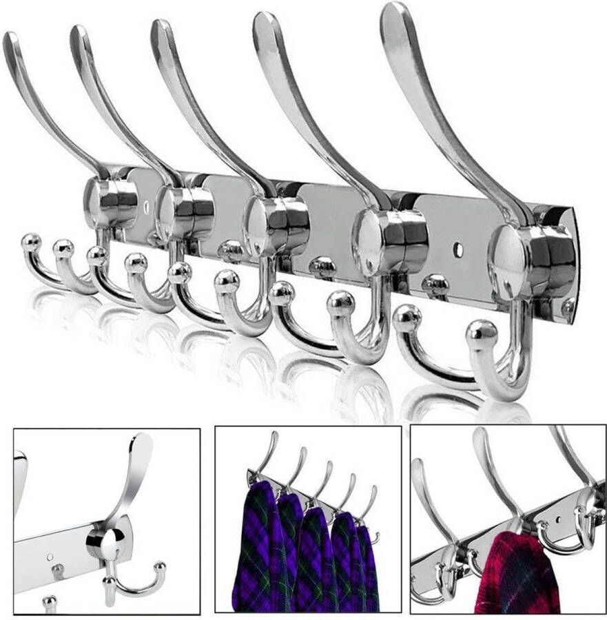 Wandkapstok Wandgemonteerde Kapstok in Roestvrijstaal Kapstokhaken Jashaken met 15 Haken Ca.15 kg Belastbaar (Zilver)