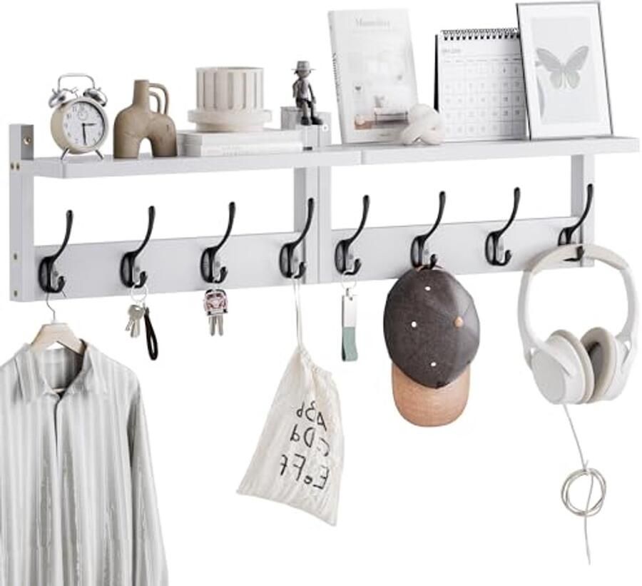 Wandkapstok 80 cm met Legplank en 8 Haken Wandgarderobe voor Kleding en Sleutels Set van 2