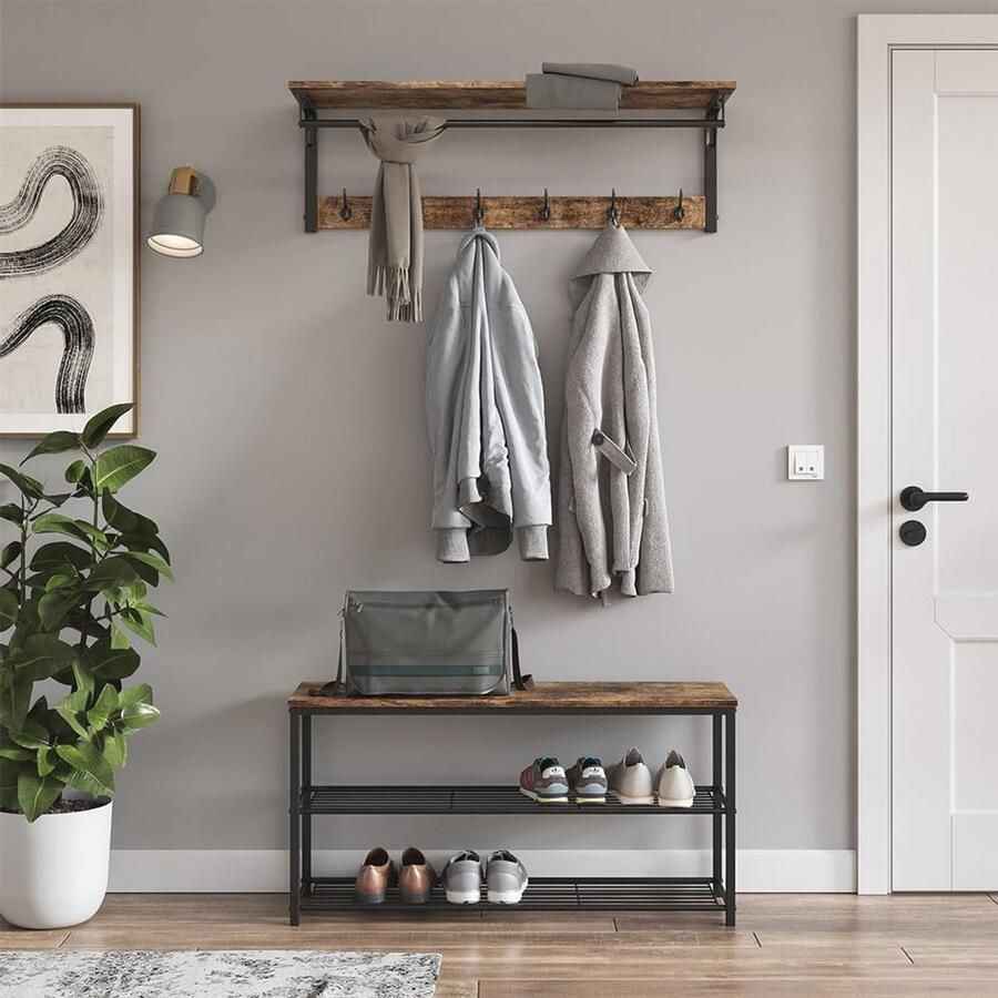 Wandkapstok Eiken Rustiek Zwart 100 x 30 cm met 6 Haken