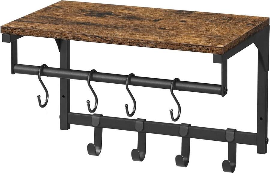 Wandkapstok Garderobe met 8 haken Geschikt voor hal woonkamer slaapkamer 1 stuk Rustiek bruin en zwart Hout Metaal 40 x 24 x 24 cm