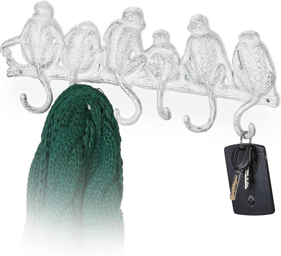 Wandkapstok gietijzer 145 x 365 x 4 cm antiek wit- 6 haken- sleutelrekje