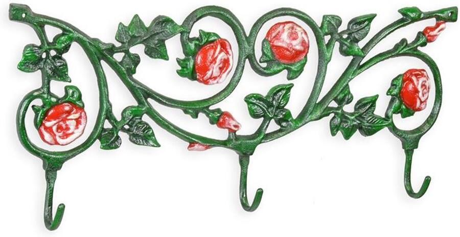 Wandkapstok gietijzer met rozen design – Decoratieve groene kapstok met rode bloemen – Stevige jas haken – Vintage landelijke stijl