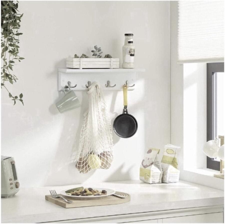 Wandkapstok hal kapstok met 4 dubbele haken met plank kapstokhaak voor badkamer woonkamer keuken wit