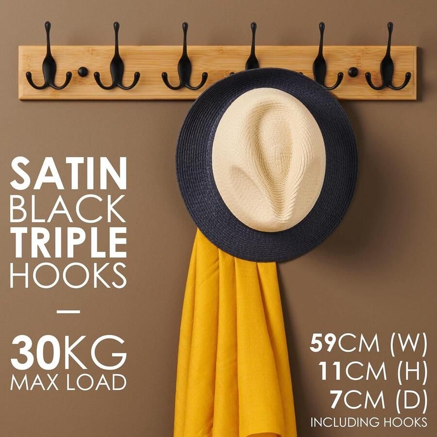 Wandkapstok Hout met 6 Zwarte Haken 59 cm