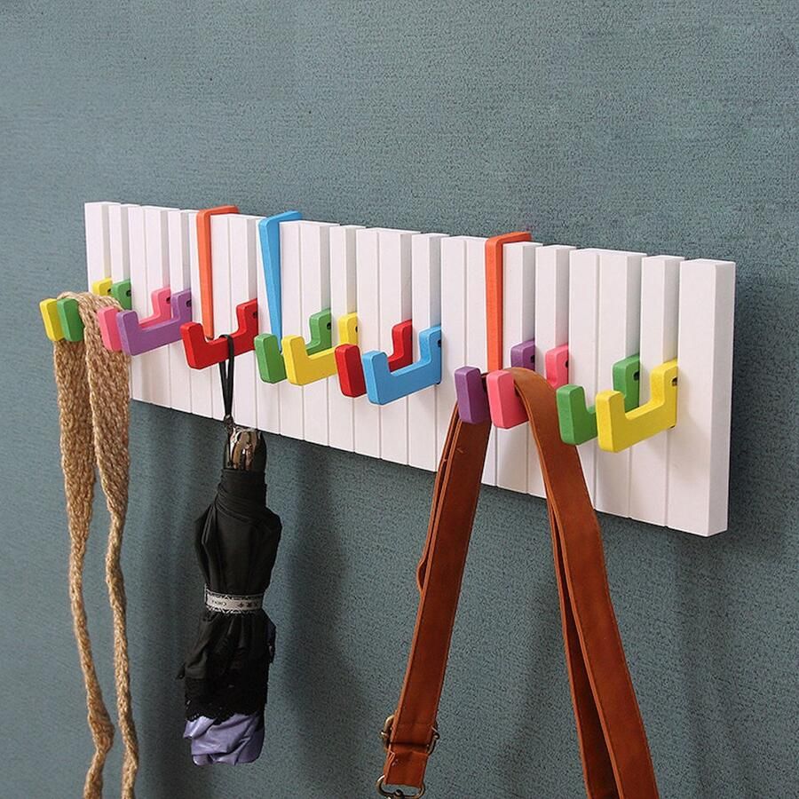 Decopatent Wandkapstok hout Piano Kinderkamer Kapstok Met 16 ophang haken Wand Kapstok Garderoberek Wit 60 Cm Breed