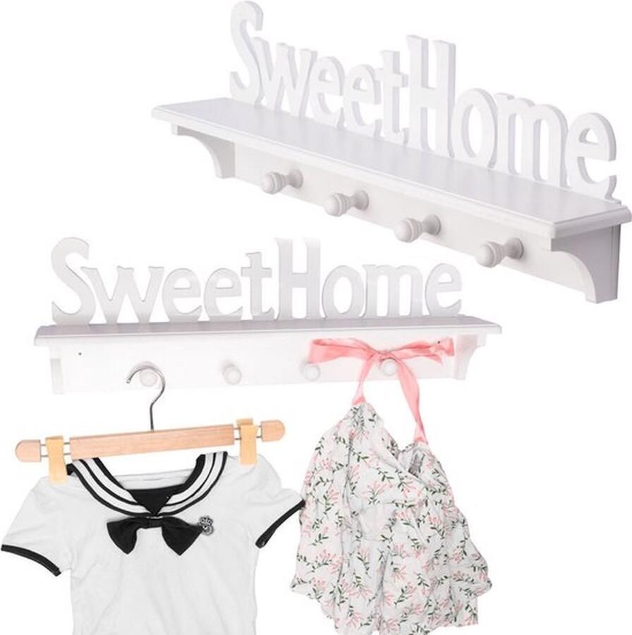 Wandkapstok hout Sweet Home 4 ophang haken & Legplank Wandrek Kapstok voor Muur of Wand Garderoberek Wit