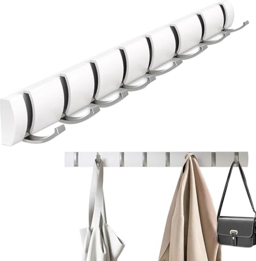 Wandkapstok in modern design opvouwbare 8 kapstokhaken in wit voor jassen mantels sjaals handtassen en meer (66 cm)