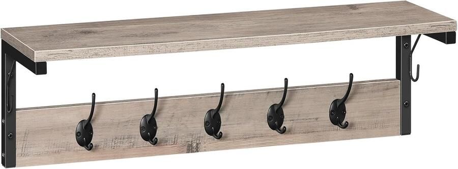 Retadou Wandgarderobe wandrek met 7 haken en plank hangrek met garderobe wandmontage voor hal woonkamer keuken greige-zwart