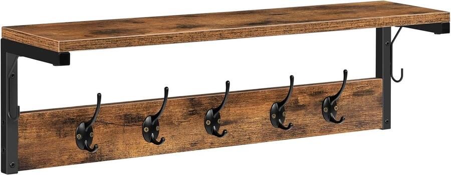 Retadou Wandgarderobe wandrek met 7 haken en plank hangrek met garderobe wandmontage voor hal woonkamer keuken donkerbruin-zwart