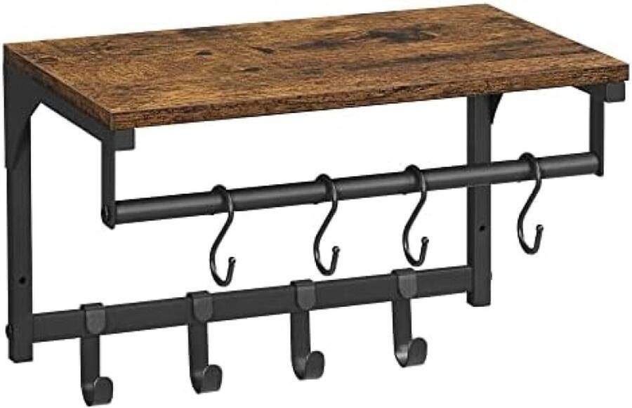 Wandkapstok ingangsmeubel garderobe met 8 haken en plank voor woonkamer hal slaapkamer 40 x 24 x 24 cm rustiek bruin en zwart