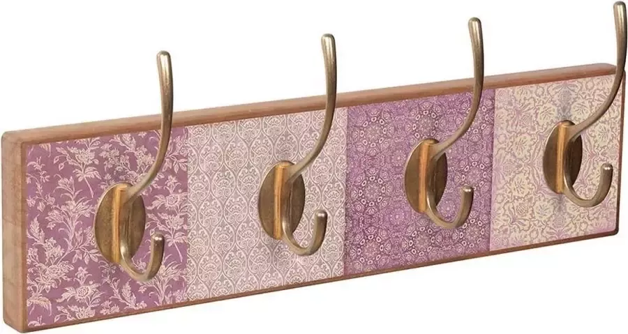 Wandkapstok – kapstok Purple India antiek beuken met 4 dubbele messing kleurige metalen haken
