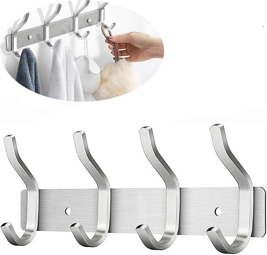 Wandkapstok- kapstokken- kapstok hangend- kapstok haken- kapstok muur- Metalen kapstok Wandkapstok Kapstok voor Kleding Kapstok Metaal 4 haken-RVS Metaal-Haaks Wandkapstok-Kapstok Hangend
