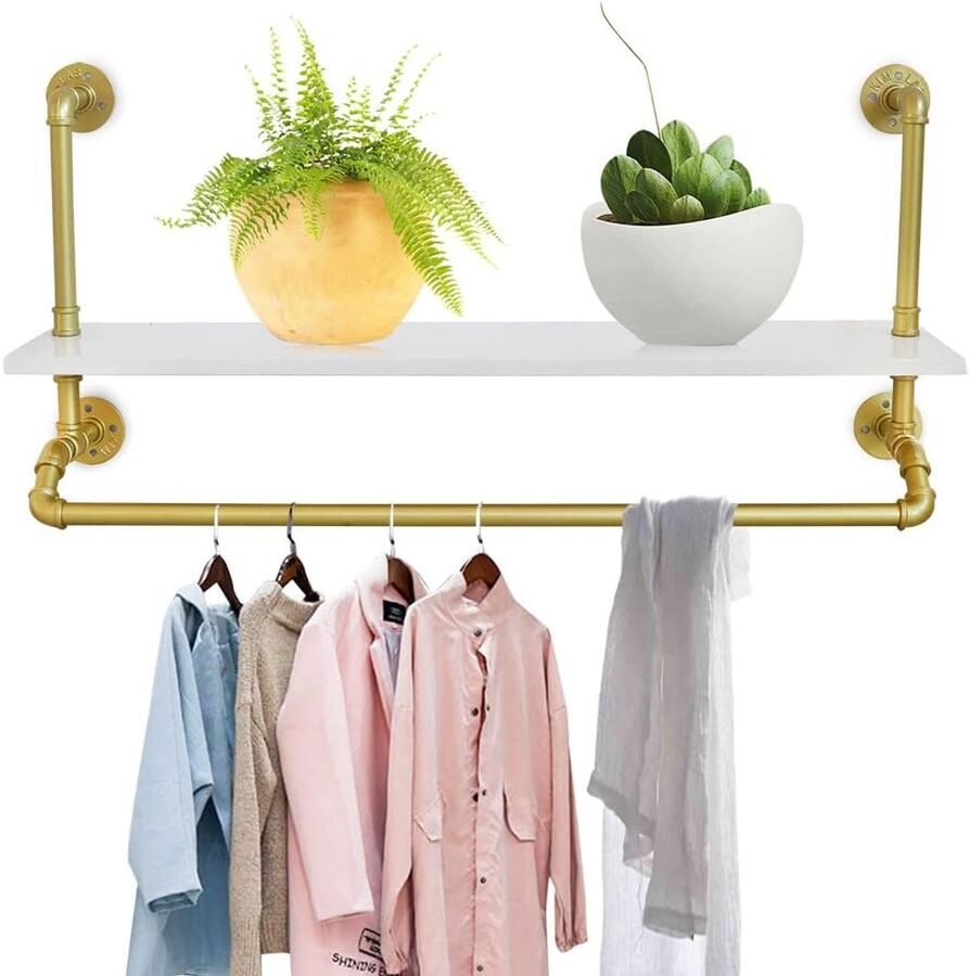 Wandkapstok Kledingrek Ophangsysteem Kleding Opbergen Industriële Stijl 100 x 50 cm Goud