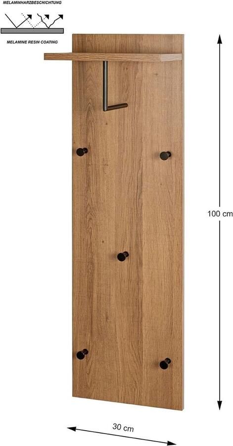 Wandkapstok MDF-eikenhout zwart B 30 x D 20 x H 100 cm Haku Möbel online kopen kapstok hangend met plank