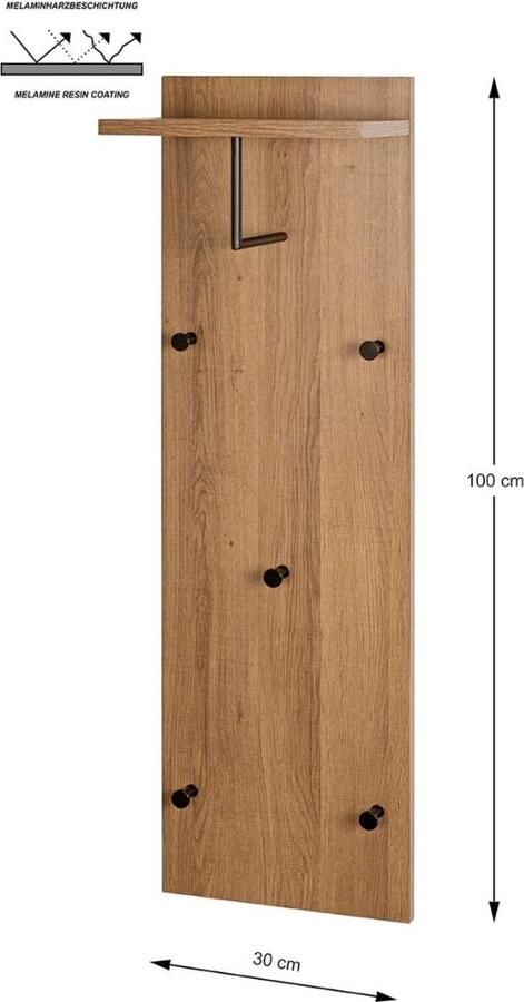 Wandkapstok MDF-eikenhout zwart B 30 x D 20 x H 100 cm Haku Möbel online kopen kapstok hangend met plank