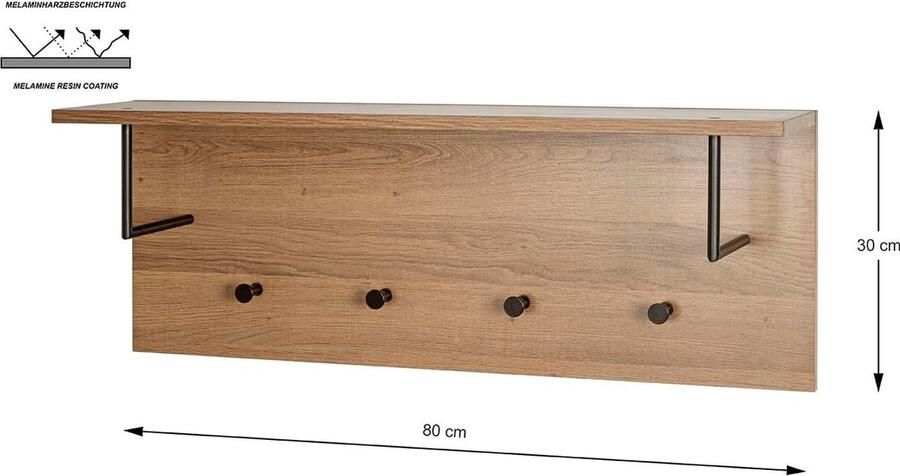 Wandkapstok MDF eikenhout zwart B 80 x D 20 x H 30 cm haku meubel content in html kapstok hangend met plank