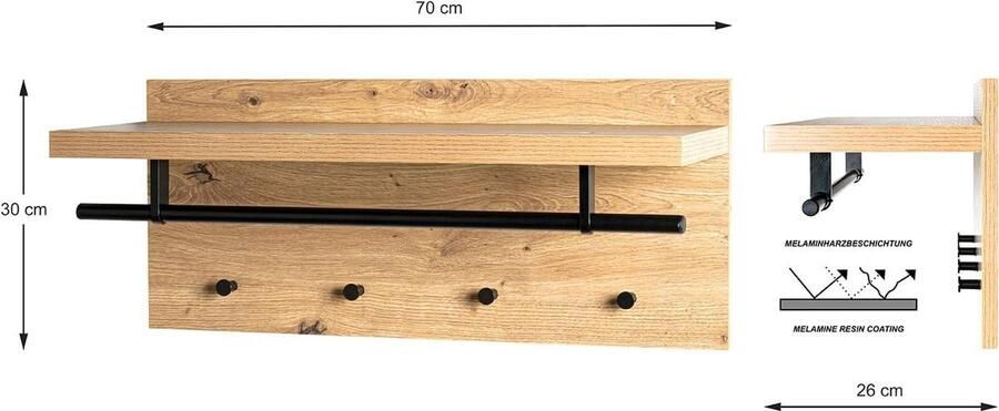 Wandkapstok MDF eikenzwart B 70 x D 26 x H 30 cm Need content in html kapstok hangend met plank